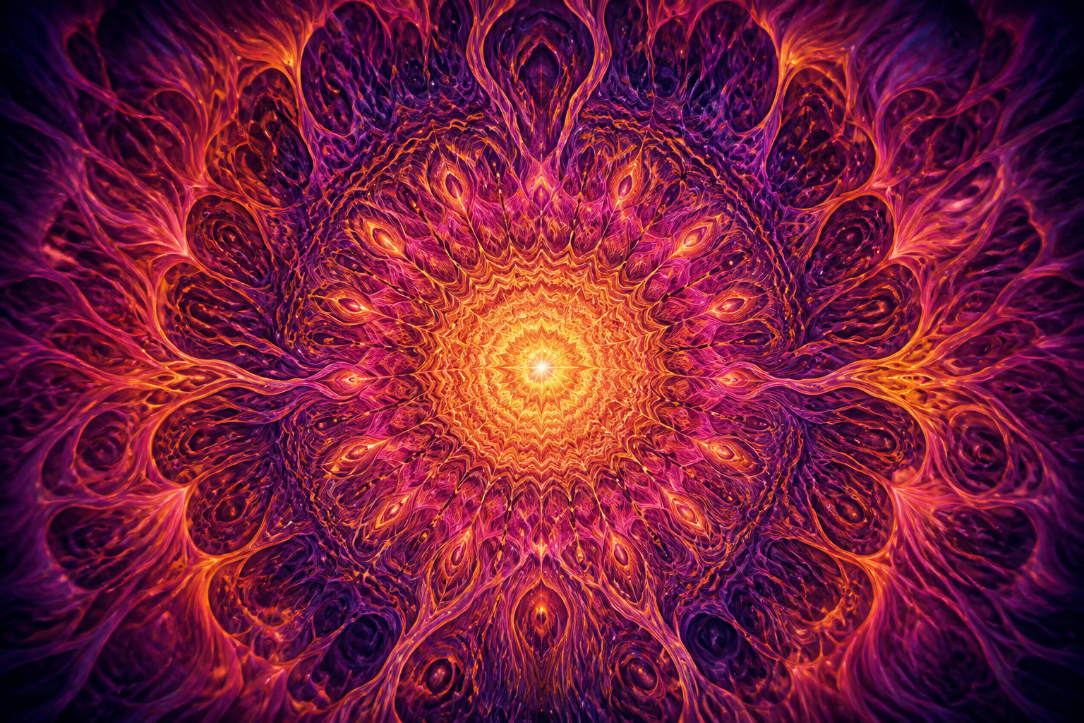 A symmetric fractal mandala in magenta, orange and indigo.
